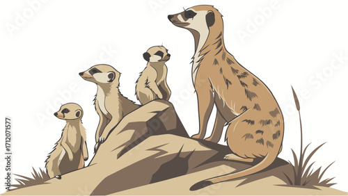 Three meerkats on a rock wildlife illustration family of animals nature scene cartoon animals African animals desert animals cute meerkats animal illustration vector illustration wildli.