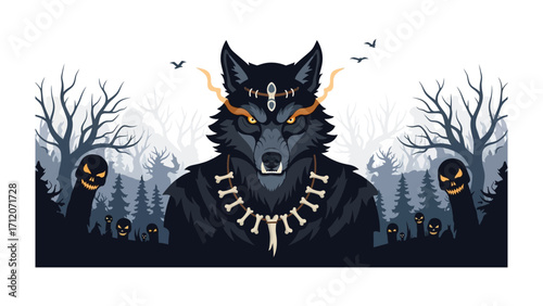 Mystical Werewolf of the Woods: A captivating illustration of a majestic werewolf, eyes ablaze with an eerie glow, stands within a haunting forest, surrounded by spectral figures and ominous trees.