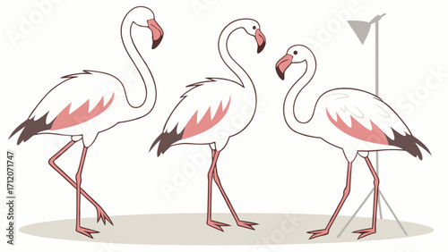 Three Pink Flamingos in a Studio Setting Vector Illustration Bird Photography Tropical Birds Exotic Animals.