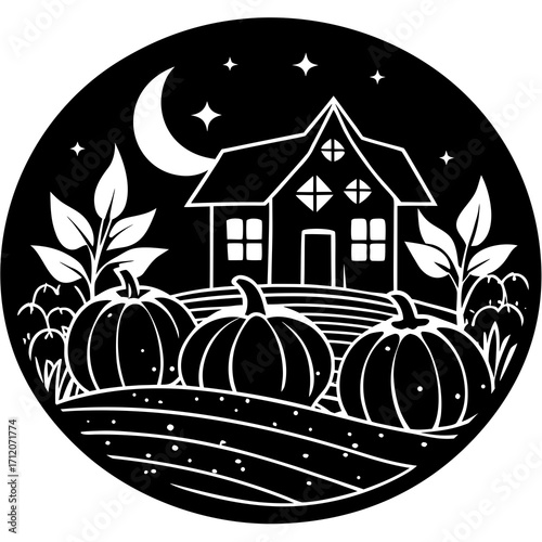 Patch Of Pumpkins In Garden Night Icon Vector Silhouette