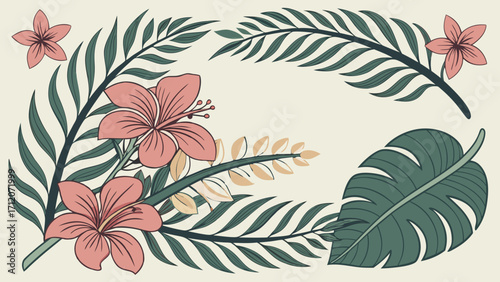 Tropical Floral Design Botanical Illustration Pink Flowers Green Leaves Summer Spring Nature Decoration Invitation Card Banner Wallpaper Pattern Texture Art Graphic Design Element.