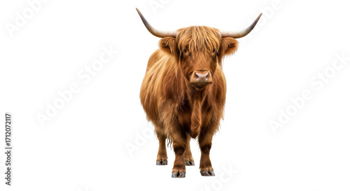 Canvastavla Isolated Highland cow with long hair and large horns, standing and looking at ca