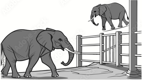 Two Elephants Near a Fence Grey Scale Illustration Wildlife Animal Zoo Safari Enclosure.
