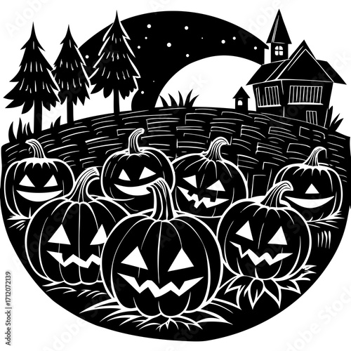 Pumpkin Patch With Glowing Carved Faces Icon Vector