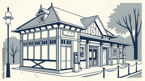 Vintage Style Building Illustration Architectural Design Retro House Drawing Classic Structure Exterior Facade Charming Home Building Blueprint House Sketch Vector Illustration Simple Ho.