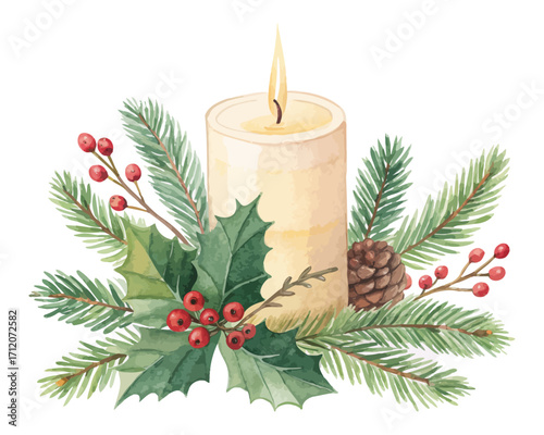 Watercolor Candle with Holly and Pine 