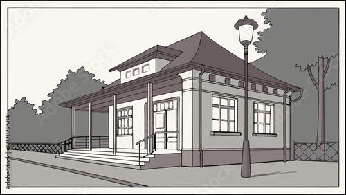 Vintage House Illustration Suburban Home Drawing Architectural Design Sketch Classic Building Art Grey Scale House Image.