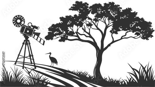 Vintage Movie Camera in Nature Silhouette Bird and Tree Illustration Filmmaking Graphic Design Element.