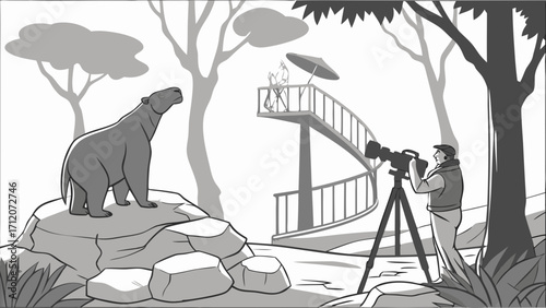 Wildlife Photography Photographer Capturing a Large Mammal on Rock Nature Scene with Spiral Staircase and Observation Deck.