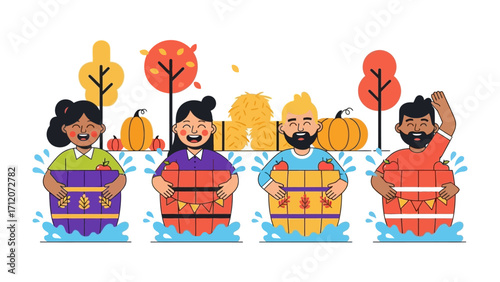 Festive Barrel Ride: A vibrant illustration depicts a group of individuals reveling in a cheerful barrel ride at a festive event, capturing a moment of lighthearted joy.