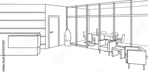 Reception in the office room graphic black white interior sketch illustration vector 