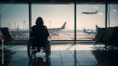 Person in a wheelchair waits at the airport terminal while planes take off and land in the background during the day