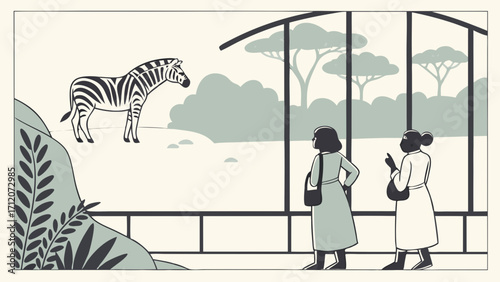 Zoo Zebra Visitors Wildlife Illustration Flat Design Animal Enclosure Nature Scene Two Women Observing African Animal Striped Horse Wildlife Conservation Conservation Safari Theme Ed.