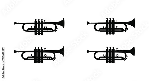 Four black and white illustrations of trumpets on a white background