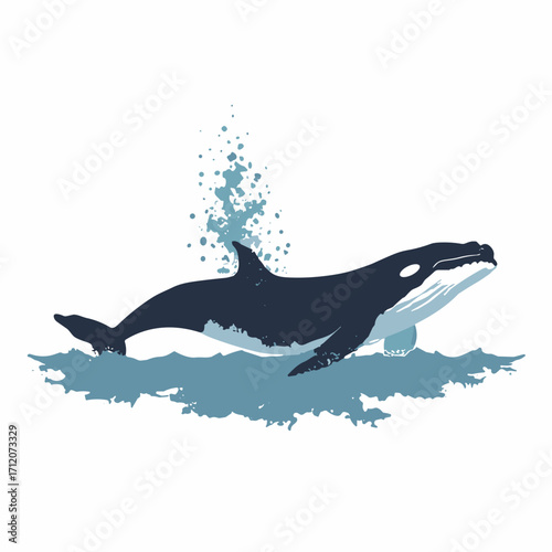 Black silhouette of a whale spouting water, plain white background
