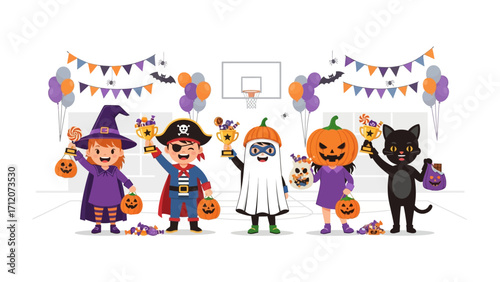 Halloween Costume Winners: A vibrant illustration showcases adorable children in a basketball court in Halloween costumes, each holding a trophy, epitomizing a festive Halloween celebration.