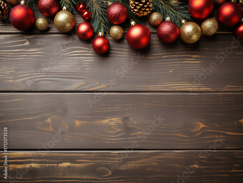Incredible Red and gold Christmas ornament on a rustic wood banner background