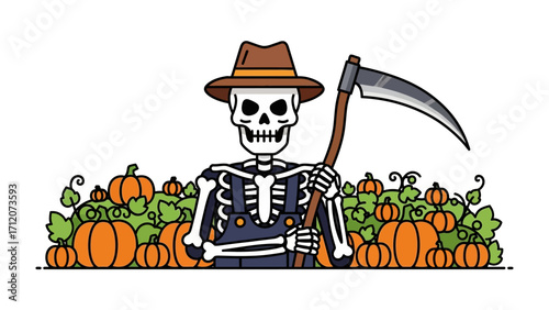 Spooky Harvest Watchman: An animated skeleton stands guard over a pumpkin patch, wielding a scythe, embodying the spirit of Halloween with its eerie presence.
