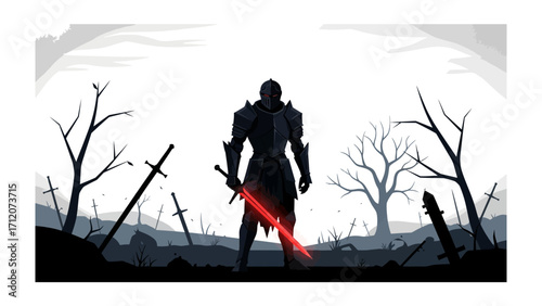 Valiant Knight's Stand: A solitary knight stands resolute amidst the aftermath of battle, brandishing his crimson blade against a haunting backdrop of a ravaged battlefield.
