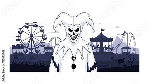 Nightmare Carnival: A sinister jester looms over an eerie carnival scene, with a grinning, skeletal face and dark, ominous surroundings. The whimsical becomes the uncanny.