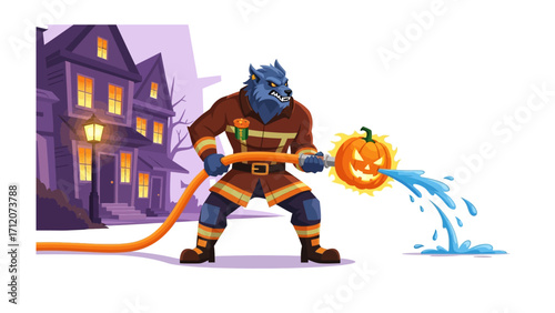 Werewolf Firefighter and Jack O'Lantern: A brave werewolf, dressed as a firefighter, fearlessly confronts a mischievous jack-o'-lantern.
