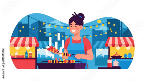 Culinary Marketplace: A vibrant illustration captures a cheerful vendor skillfully grilling skewers at a bustling food stall.