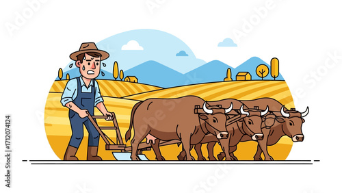 Hardworking Farmer in the Field: A determined farmer toils with oxen team to till the field and plant the seeds.