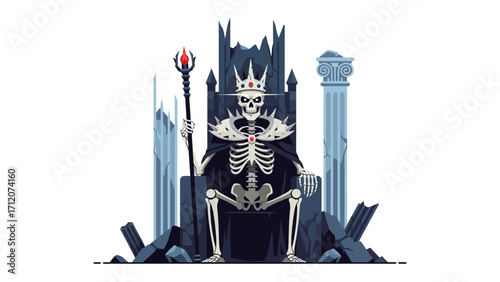 The Skeleton King on Throne: A skeletal monarch with a crown and scepter sits atop a throne. A blend of dark fantasy and gothic elements, evoking a sense of mystery and the unknown.