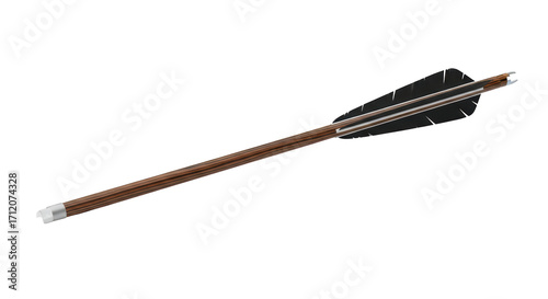 фотографія Isolated arrow for archery shooting, dark feather fletching, wood, silver nock o