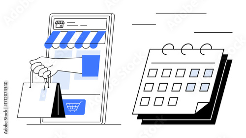 Hand delivering shopping bags from mobile storefront beside calendar for scheduling purchases. Ideal for e-commerce, retail, time management, online orders, digital marketing, planning, efficiency