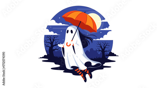 Ghost's Rainy Day : A whimsical ghost, holding an umbrella against a backdrop of a moonlit night, bringing a touch of playful spooky vibes. 