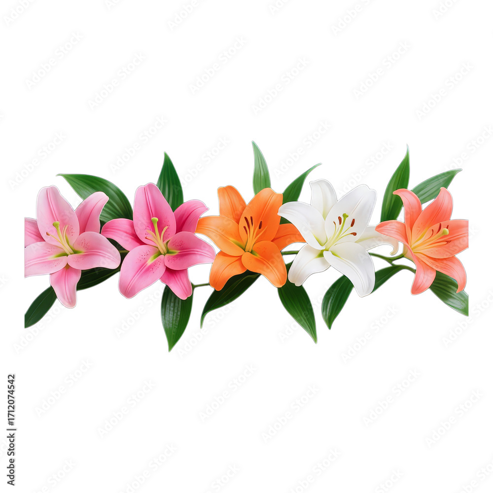Naklejka premium Pink and Orange Lily Bouquet with Green Leaves on Transparent Background, Watercolor Illustration for Branding