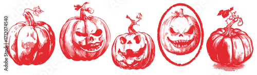Halloween pumpkin and jack o lantern illustration set in vintage style sketch