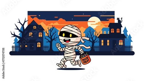 Halloween Mummy on Trick or Treat : A delightful illustrated mummy, wrapped in bandages, gleefully participates in the traditional Trick or Treat activities during a spooky Halloween night.