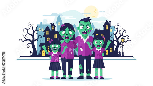 Zombie Family Portrait: A spooky yet heartwarming illustration of a zombie family, the parents and children standing together in front of a haunted house backdrop, inviting for Halloween spirit. 
