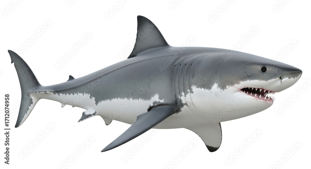 Naklejka premium Isolated Great White Shark showing Teeth, Apex Predator with Dangerous Mouth full of Sharp Teeth