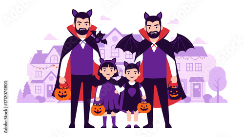 Halloween family: A loving family celebrates Halloween with joy, dressed up and ready to enjoy the spirit of Halloween, carrying pumpkin baskets.
