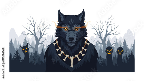 Mystical Wolf Illustration: A captivating digital illustration showcases a majestic wolf, adorned with a bone necklace, set against an enigmatic forest backdrop.