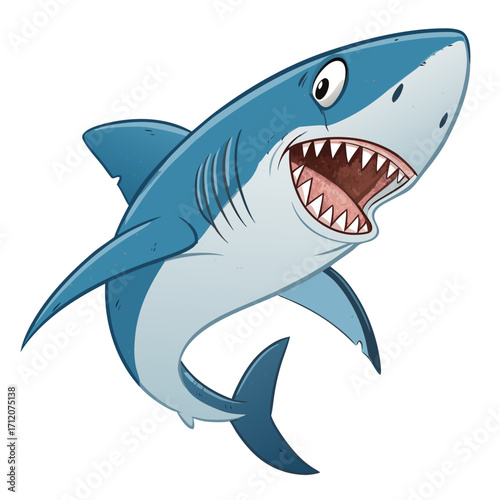 Happy cartoon shark with open mouth and sharp teeth