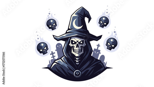 Mystic Halloween Illustration: A shadowy figure, skull-faced and cloaked, adorned with a witch hat featuring a crescent moon, oversees a graveyard scene with spectral skull orbs.