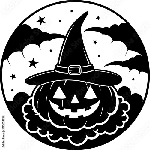 Pumpkin With Fog And Witch Hat Icon Vector Silhouette