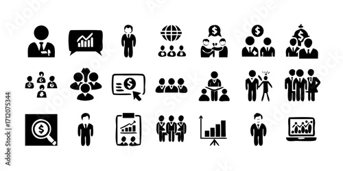 Business or organisation management icon set. Containing manager, teamwork, strategy, marketing, business, planning, training, employee icons. Solid icons vector collection. Workshop web icons in lin

