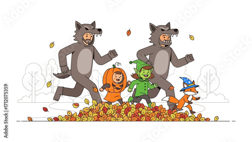 Costume Celebration: A playful illustration depicts a vibrant autumn scene, where costumed figures of different kind enjoying themselves during festive event. 