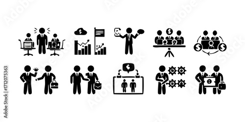 Business or organisation management icon set. Containing manager, teamwork, strategy, marketing, business, planning, training, employee icons. Solid icons vector collection. Workshop web icons in lin

