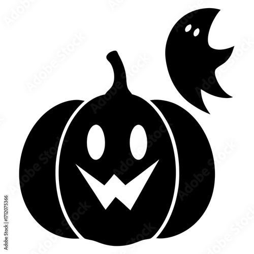 Pumpkin With Ghost Floating Above Icon Vector Silhouette