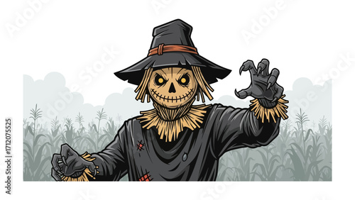 Scarecrow in Field: An illustrated scarecrow stands in a field, radiating a Halloween feeling, its dark attire a contrast to the field background.
