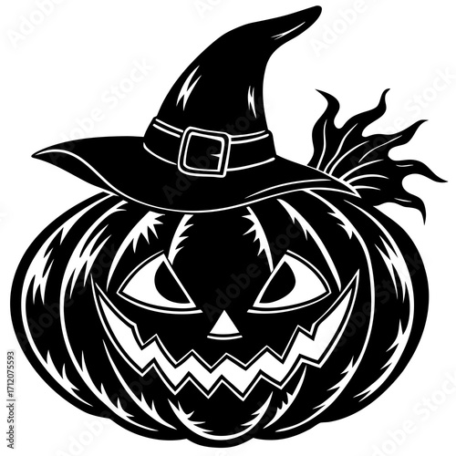 Pumpkin With Spooky Candle Inside And Witch Hat Icon