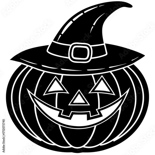 Pumpkin With Witch Hat And Smiling Face Icon Vector