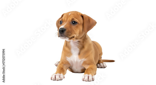 Canvas Print Isolated tan puppy dog with short hair lies down and looks to the side indoors i