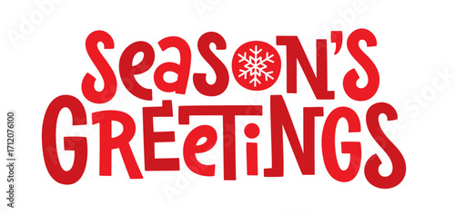 SEASON'S GREETINGS red vector hand lettering banner with snowflake motif